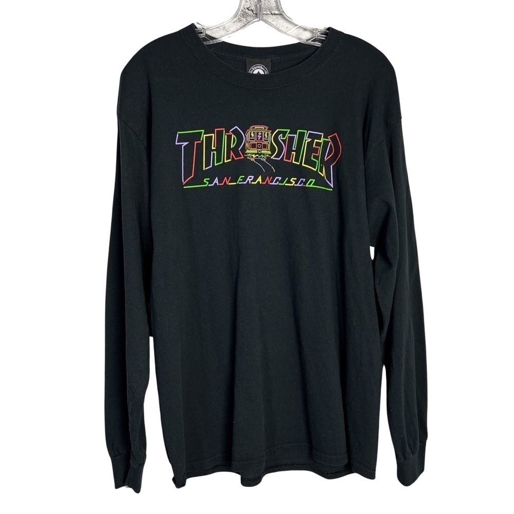 Thrasher T-Shirt Black Long Sleeve Graphic Skater Crewneck Casual Tee